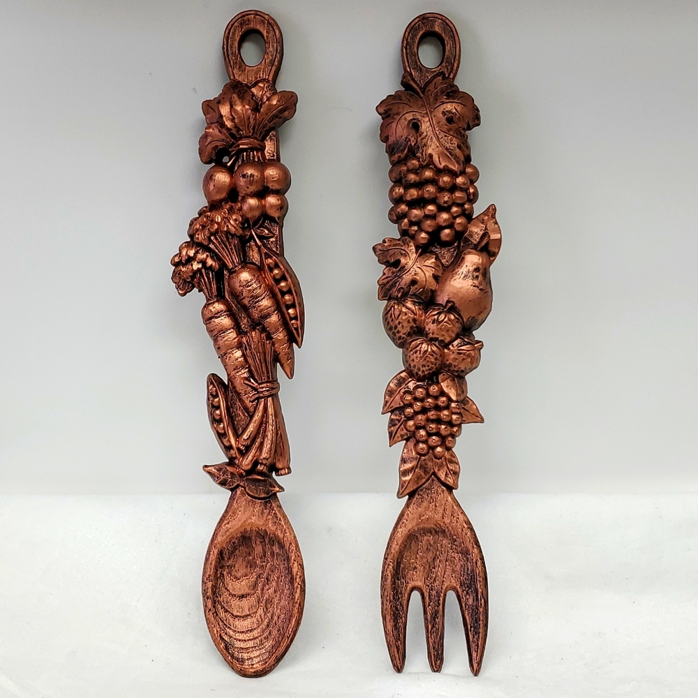 Vintage Syroco copper look  wall decor OVERSIZED 17” spoon and fork